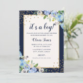 Gold Blue floral Sparkle Boy Baby shower Uitnodige Kaart (Staand voorkant)