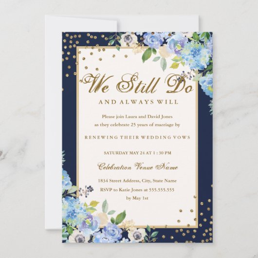 Gold Blue Floral Sparkle Vow Renewal Jubileum Kaart (Voorkant)