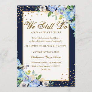 Gold Blue Floral Sparkle Vow Renewal Jubileum Kaart
