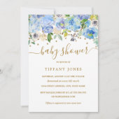 Gold Blue Floral Waterverf Baby shower Uitnodigen Kaart (Voorkant)