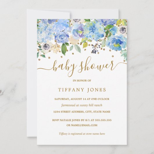 Gold Blue Floral Waterverf Baby shower Uitnodigen Kaart (Voorkant)