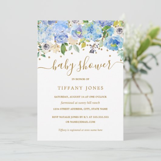 Gold Blue Floral Waterverf Baby shower Uitnodigen Kaart (Staand voorkant)
