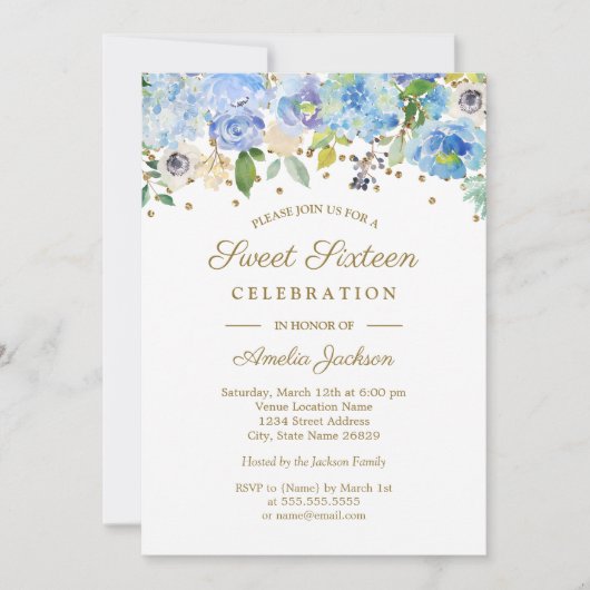 Gold Blue Floral Waterverf Sweet Sixteen Uitnodige Kaart (Voorkant)