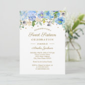 Gold Blue Floral Waterverf Sweet Sixteen Uitnodige Kaart (Staand voorkant)