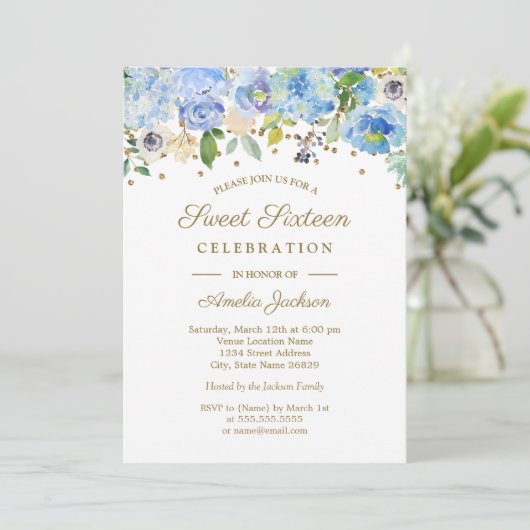 Gold Blue Floral Waterverf Sweet Sixteen Uitnodige Kaart (Staand voorkant)