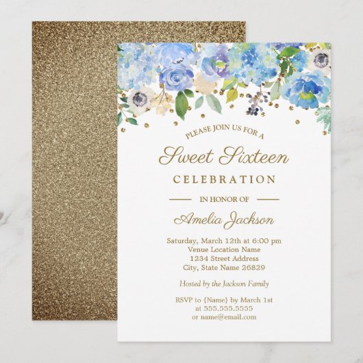 Gold Blue Floral Waterverf Sweet Sixteen Uitnodige Kaart (Voorkant / Achterkant)