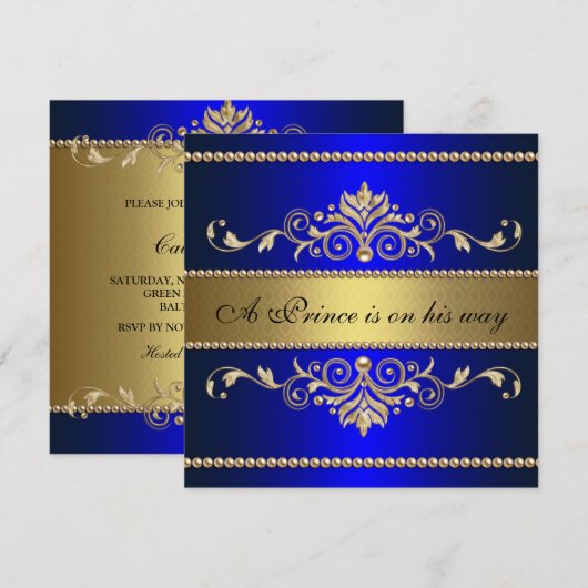 Gold Blue Flourish Pattern Boy Baby shower Kaart (Voorkant / Achterkant)