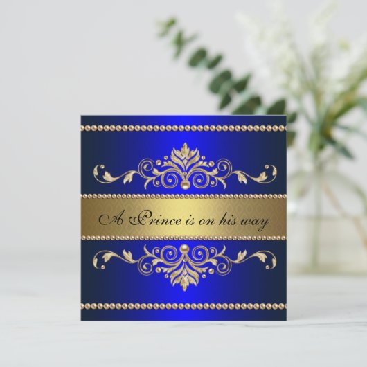 Gold Blue Flourish Pattern Boy Baby shower Kaart (Staand voorkant)