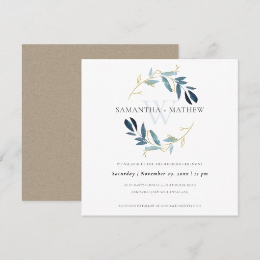 GOLD BLUE FOLIAGE WATERVERF WASWREATWEDING KAART (Voorkant / Achterkant)