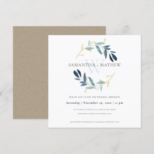 GOLD BLUE FOLIAGE WATERVERF WASWREATWEDING KAART