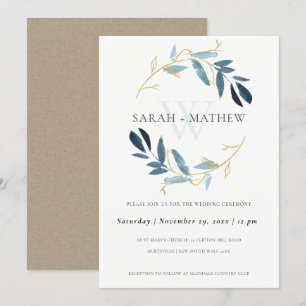 GOLD BLUE FOLIAGE WATERVERF WASWREATWEDING KAART