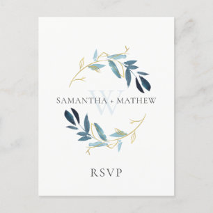 GOLD BLUE FOLIAGE WATERVERF WREATH WEDDING RSVP BRIEFKAART