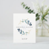 GOLD BLUE FOLIAGE WATERVERF WREATH WEDDING RSVP BRIEFKAART (Staand voorkant)