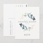 GOLD BLUE FOLIAGE WATERVERF WREATH WEDDING RSVP BRIEFKAART (Voorkant / Achterkant)