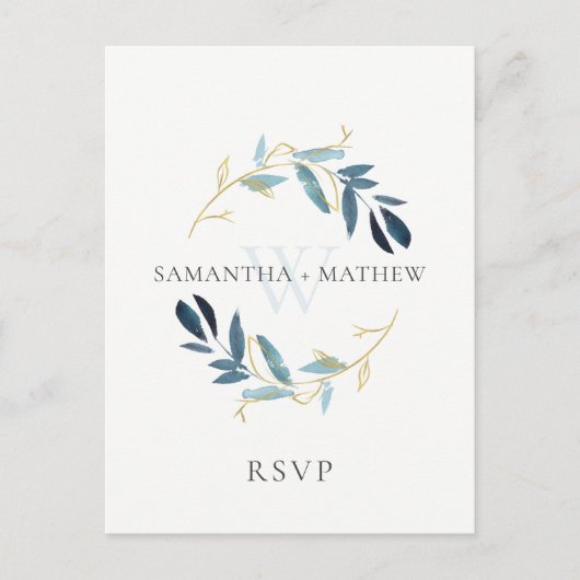 GOLD BLUE FOLIAGE WATERVERF WREATH WEDDING RSVP BRIEFKAART (Voorkant)