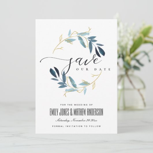 GOLD BLUE FOLIAGE WATERVERF WREATS BEWAREN DE DATU KAART (Staand voorkant)