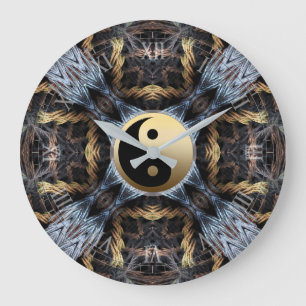 Gold Blue Fractal Tapestry met Yin Yang Symbol Grote Klok