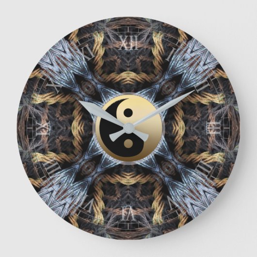 Gold Blue Fractal Tapestry met Yin Yang Symbol Grote Klok (Voorkant)