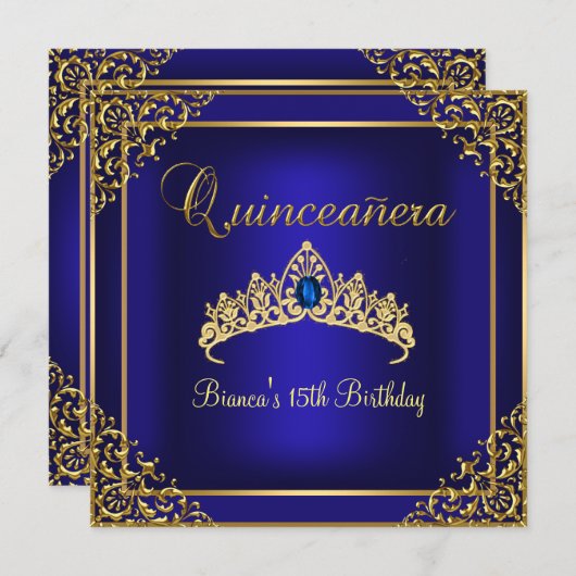 Gold & Blue Gem Tiara Quinceanera Kaart (Voorkant / Achterkant)