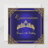 Gold & Blue Gem Tiara Quinceanera Kaart (Voorkant)