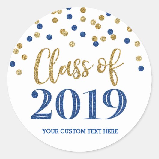 Gold Blue Glitter Confetti Afstuderen 2019 Ronde Sticker (Voorkant)