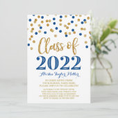 Gold Blue Glitter Confetti Graduation Party 2022 Kaart (Staand voorkant)