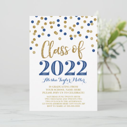 Gold Blue Glitter Confetti Graduation Party 2022 Kaart (Staand voorkant)