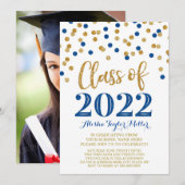 Gold Blue Glitter Confetti Graduation Party 2022 Kaart (Voorkant / Achterkant)