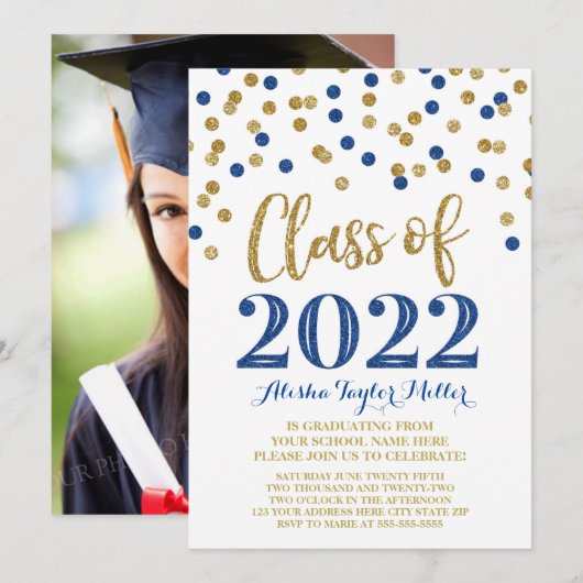 Gold Blue Glitter Confetti Graduation Party 2022 Kaart (Voorkant / Achterkant)