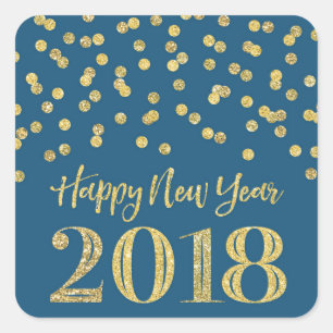 Gold Blue Glitter Confetti Happy New Year 2018 Vierkante Sticker