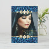 Gold Blue Glitter en Jewel Bow Quinceanera Kaart (Staand voorkant)
