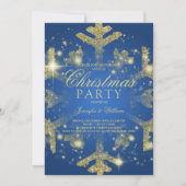 Gold & Blue Glitter Snowflake Xmas Holiday Party Kaart (Voorkant)