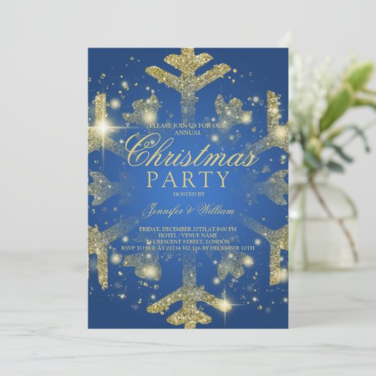 Gold & Blue Glitter Snowflake Xmas Holiday Party Kaart (Staand voorkant)
