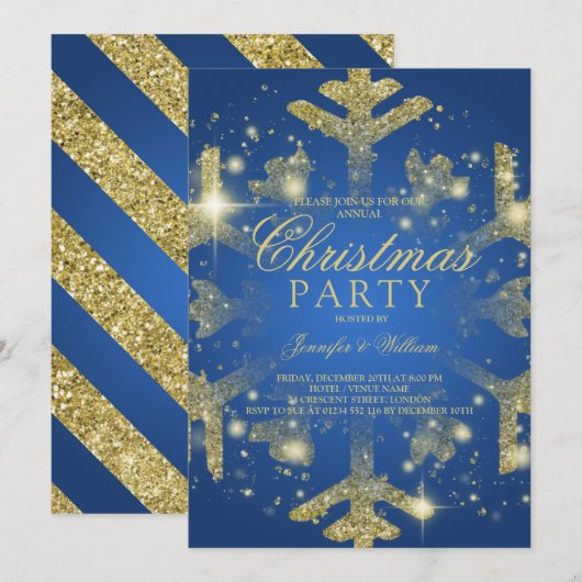 Gold & Blue Glitter Snowflake Xmas Holiday Party Kaart (Voorkant / Achterkant)