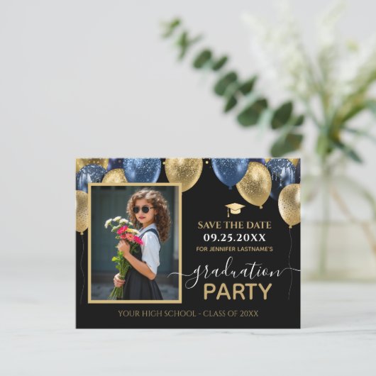 Gold Blue Graduation Party Foto Bewaar de datum Briefkaart (Staand voorkant)
