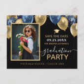 Gold Blue Graduation Party Foto Bewaar de datum Briefkaart (Voorkant)