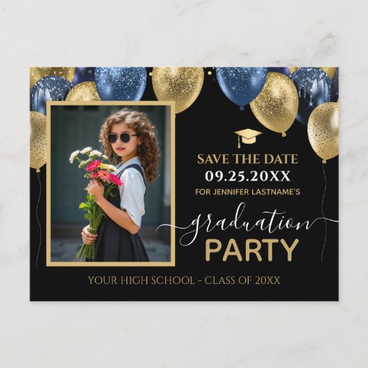 Gold Blue Graduation Party Foto Bewaar de datum Briefkaart (Voorkant)