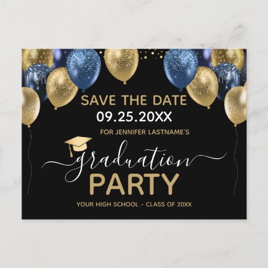 Gold Blue Graduation Party Save the Date Briefkaar Briefkaart (Voorkant)