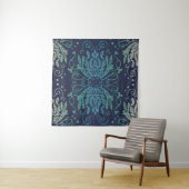 Gold Blue Green Floral Damask Print Tapestry Wandkleed (In situ)