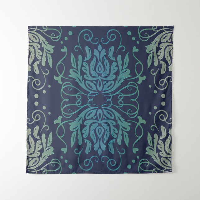 Gold Blue Green Floral Damask Print Tapestry Wandkleed (Voorkant)