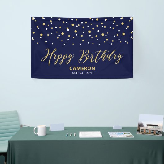 Gold Blue Hexagon Confetti Custom Happy Birthday Spandoek (Beurs)
