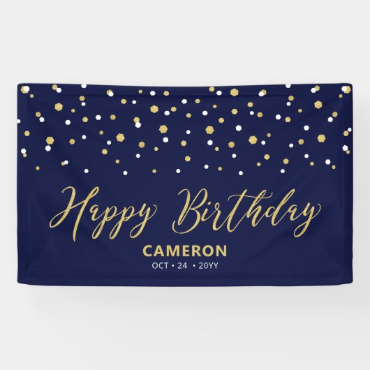 Gold Blue Hexagon Confetti Custom Happy Birthday Spandoek (Horizontaal)