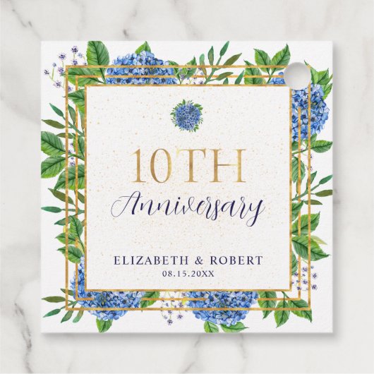 Gold Blue Hydrangea 10e bruiloft Jubileum Bedankjes Labels (Achterkant)