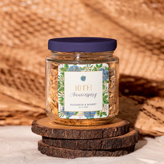 Gold Blue Hydrangea 10th Wedding Jubileum Party Vierkante Sticker