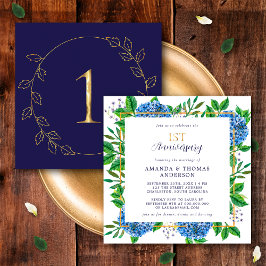 Gold Blue Hydrangea 1st Wedding Jubileum Kaart