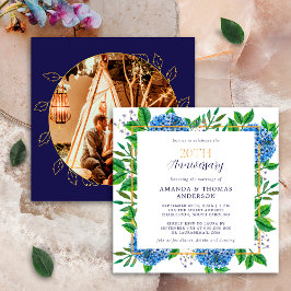 Gold Blue Hydrangea 20th Wedding Photo Jubileum Kaart