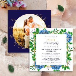 Gold Blue Hydrangea 25th Wedding Photo Jubileum Kaart