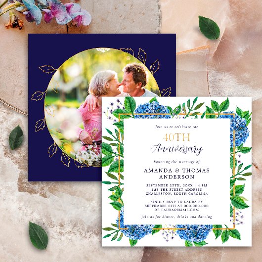 Gold Blue Hydrangea 40th Wedding Photo Jubileum Kaart