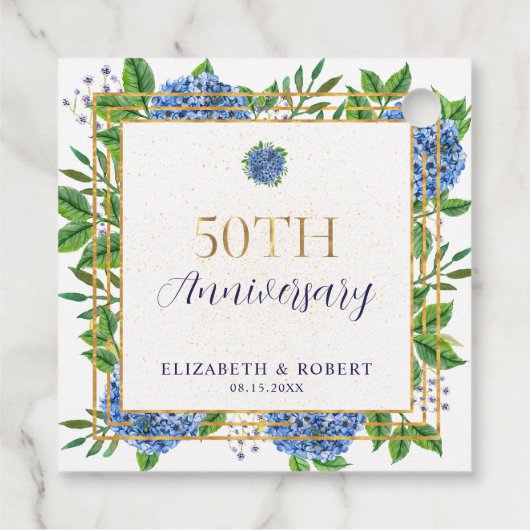 Gold Blue Hydrangea 50th Wedding Jubileum Bedankjes Labels (Achterkant)
