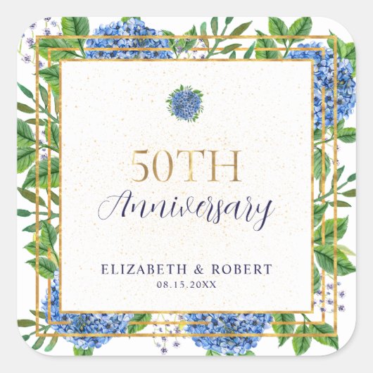 Gold Blue Hydrangea 50th Wedding Jubileum Party Vierkante Sticker (Voorkant)